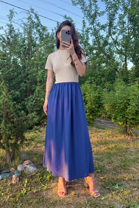 TWO COLORS SHORT SLEEVES LONG WOMEN DRESS BLUE-BEIGE/BLBZH - KLAUDIO FASHION