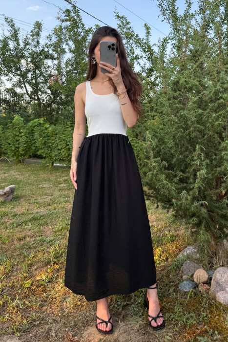 TWO COLORS THICK STRAPS LONG WOMEN DRESS WHITE-BLACK/BAZE - 4