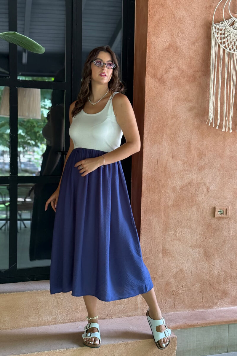 TWO COLORS THICK STRAPS LONG WOMEN DRESS WHITE-BLUE/BABL - 1