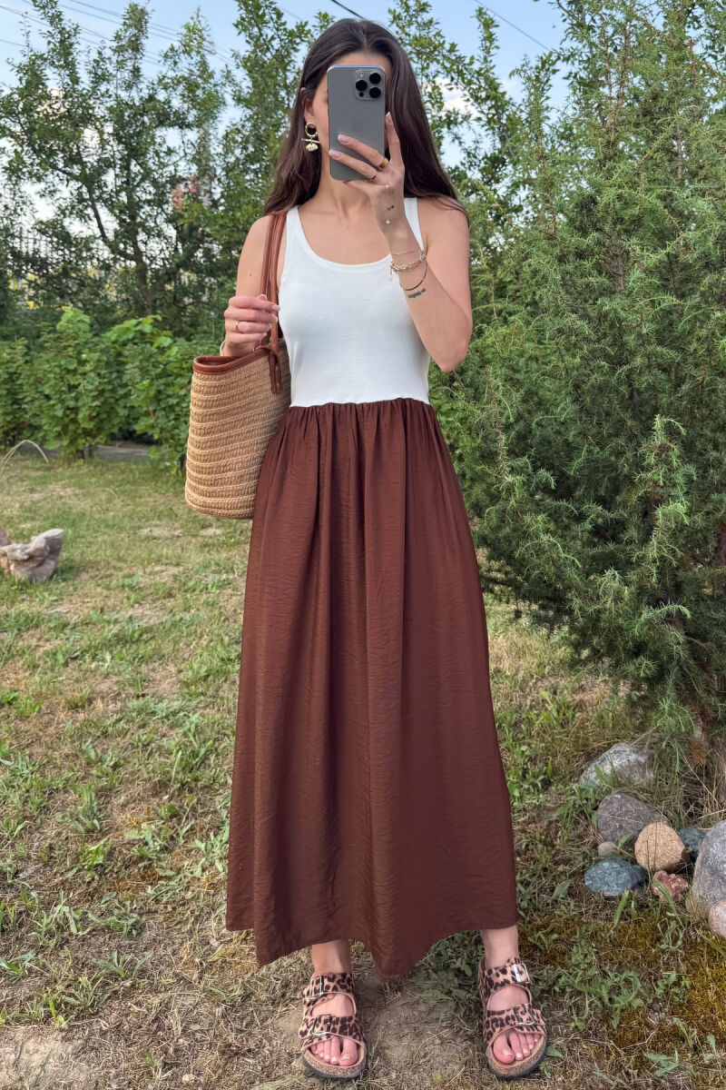 TWO COLORS THICK STRAPS LONG WOMEN DRESS WHITE-BROWN/BAKA - 4