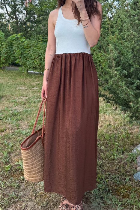 TWO COLORS THICK STRAPS LONG WOMEN DRESS WHITE-BROWN/BAKA - 6
