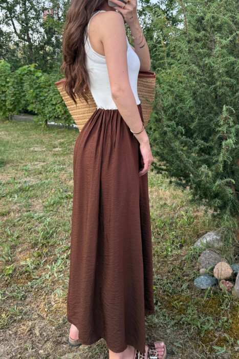 TWO COLORS THICK STRAPS LONG WOMEN DRESS WHITE-BROWN/BAKA - 7