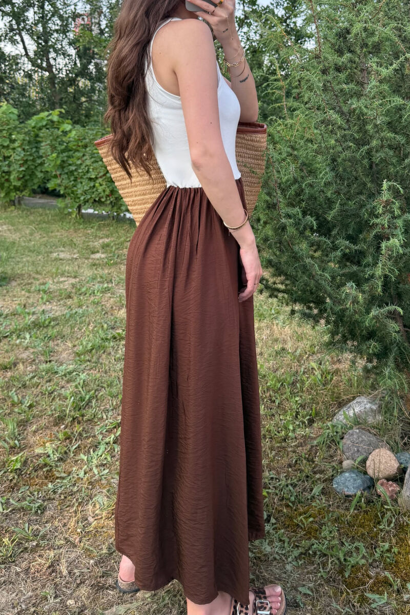 TWO COLORS THICK STRAPS LONG WOMEN DRESS WHITE-BROWN/BAKA - 7