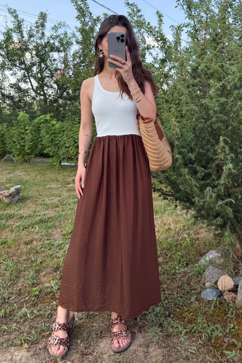 TWO COLORS THICK STRAPS LONG WOMEN DRESS WHITE-BROWN/BAKA - 5