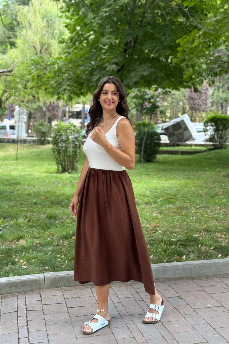 TWO COLORS THICK STRAPS LONG WOMEN DRESS WHITE-BROWN/BAKA - 1