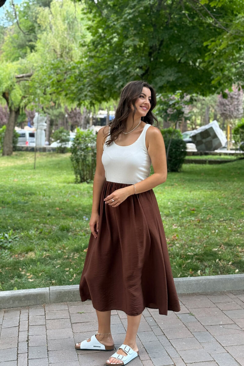 TWO COLORS THICK STRAPS LONG WOMEN DRESS WHITE-BROWN/BAKA - 2