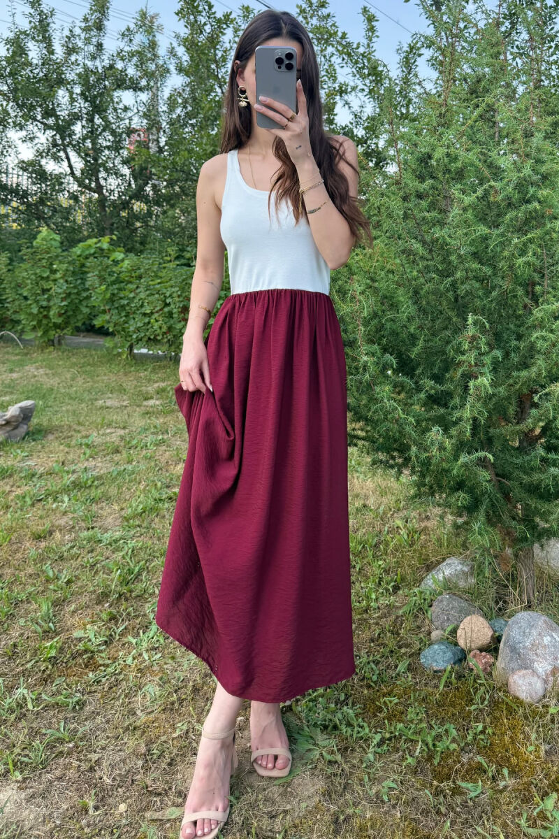 TWO COLORS THICK STRAPS LONG WOMEN DRESS WHITE-BURGUNDY/BAVI - 4
