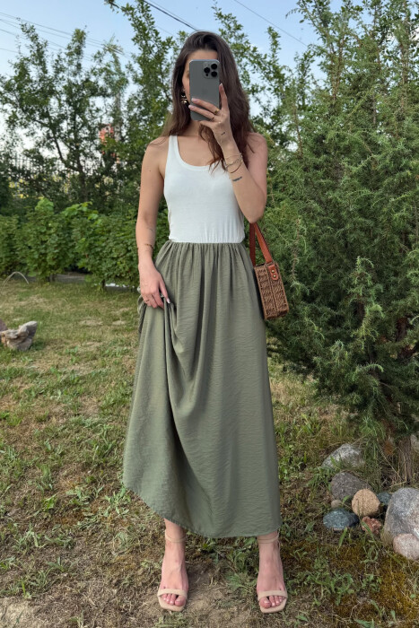 TWO COLORS THICK STRAPS LONG WOMEN DRESS WHITE/GREEN-BAJE - 6