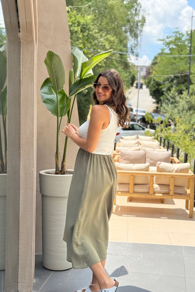 TWO COLORS THICK STRAPS LONG WOMEN DRESS WHITE/GREEN-BAJE - 3