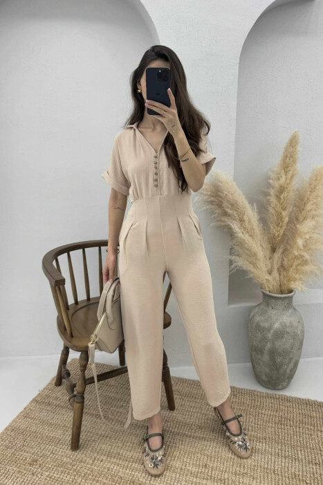 V-NECK & BUTTON FRONT WOMEN JUMPSUIT BEIGE/BEZHE 