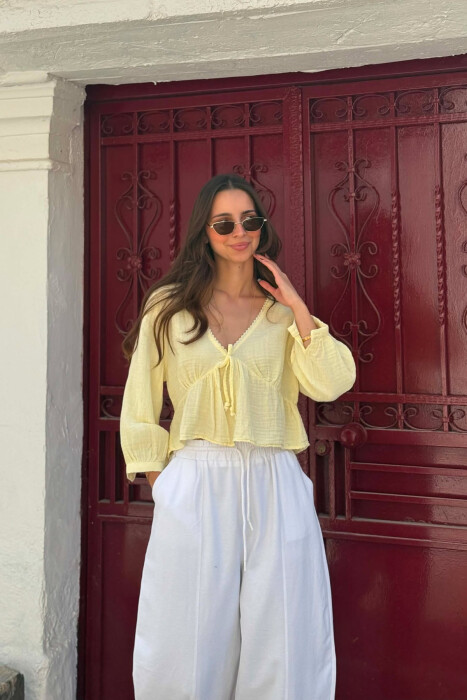V NECK LINEN BLEND WOMAN SHIRT YELLOW/E VERDHE - KLAUDIO FASHION