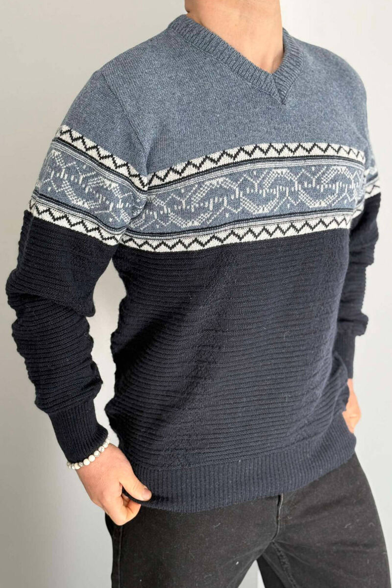 V NECK MEN SWEATER DARK BLUE/BEE - 2