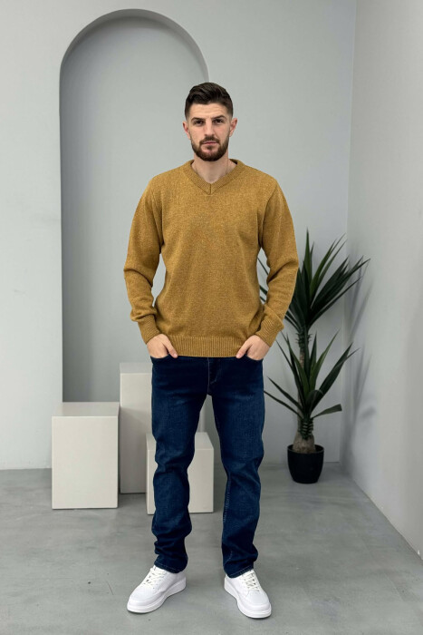 V NECK ONE COLOR MEN SWEATER DARK MUSTARD/MUSTARDE E ERRET 