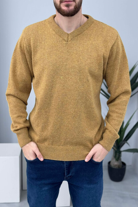 V NECK ONE COLOR MEN SWEATER DARK MUSTARD/MUSTARDE E ERRET - 2