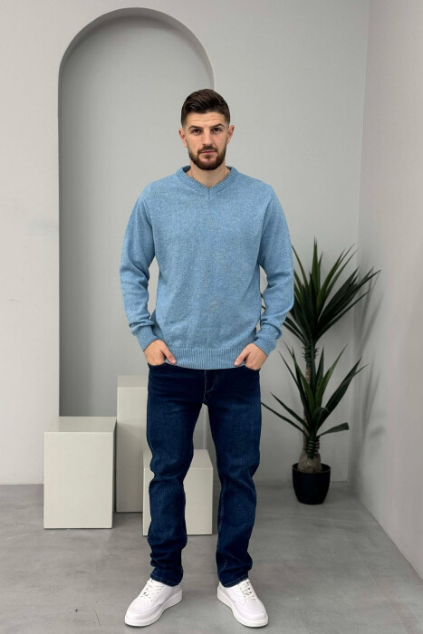 V NECK ONE COLOR MEN SWEATER LIGHTBLUE/BZ 