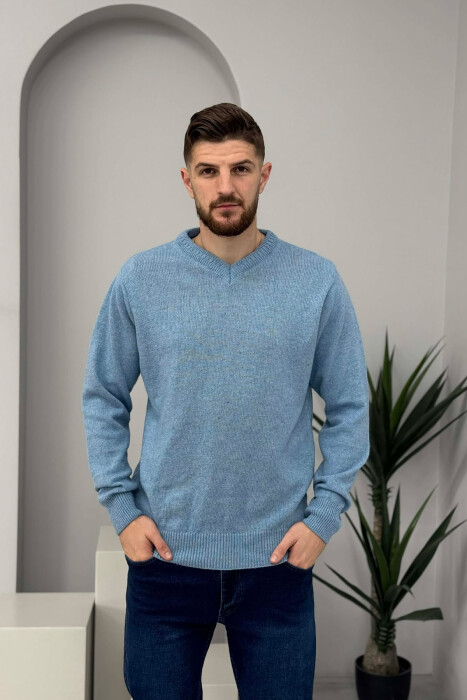 V NECK ONE COLOR MEN SWEATER LIGHTBLUE/BZ - 3