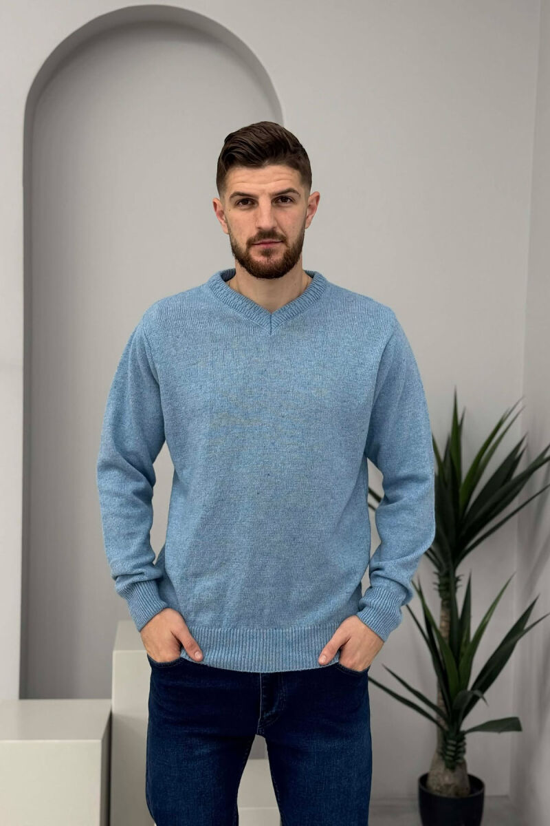 V NECK ONE COLOR MEN SWEATER LIGHTBLUE/BZ - 3