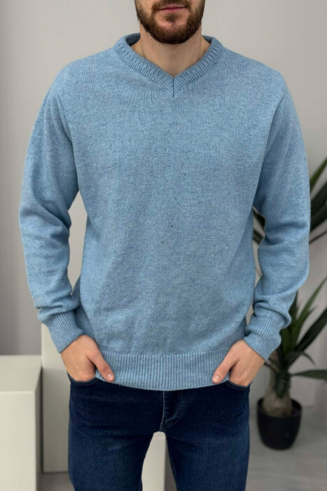 V NECK ONE COLOR MEN SWEATER LIGHTBLUE/BZ - 4