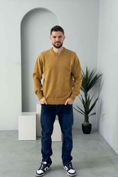V NECK ONE COLOR MEN SWEATER MUSTARD/MUSTARDE 