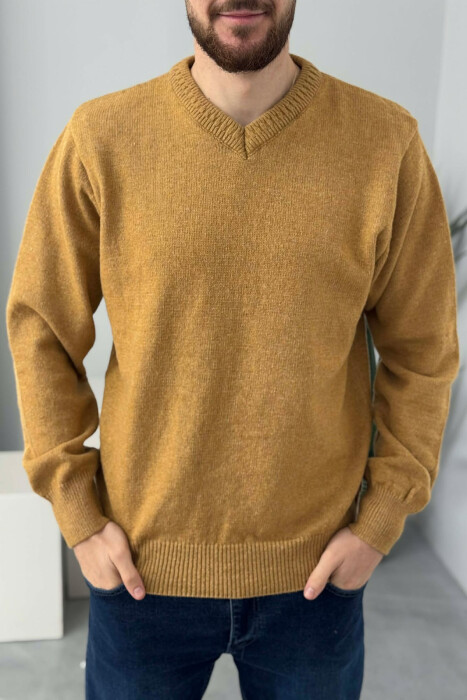 V NECK ONE COLOR MEN SWEATER MUSTARD/MUSTARDE - 2