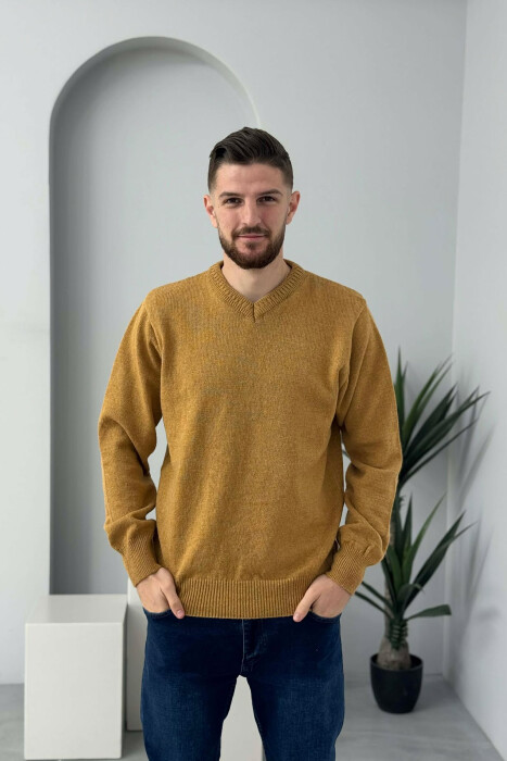 V NECK ONE COLOR MEN SWEATER MUSTARD/MUSTARDE - 3