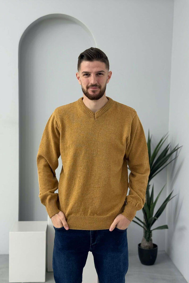 V NECK ONE COLOR MEN SWEATER MUSTARD/MUSTARDE - 3