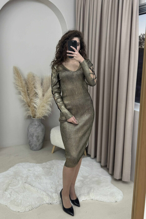 V NECK RIBBED SLEEVE WOMEN DRESS GOLDEN ROD/GOLD 