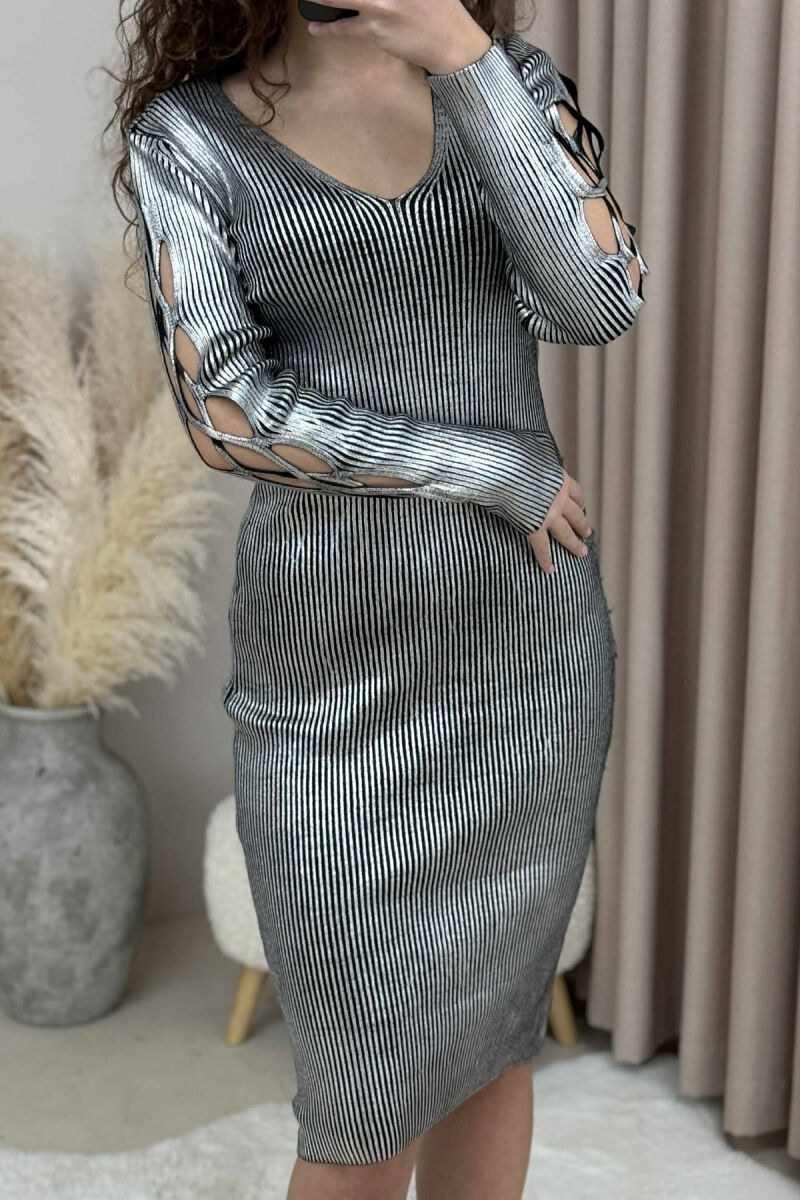 V NECK RIBBED SLEEVE WOMEN DRESS SILVER/ARGJEND - 3
