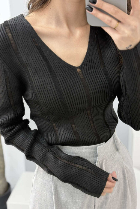 V NECK SIMPLE SHINY WOMEN SWEATER BLACK/ E ZEZE - 2