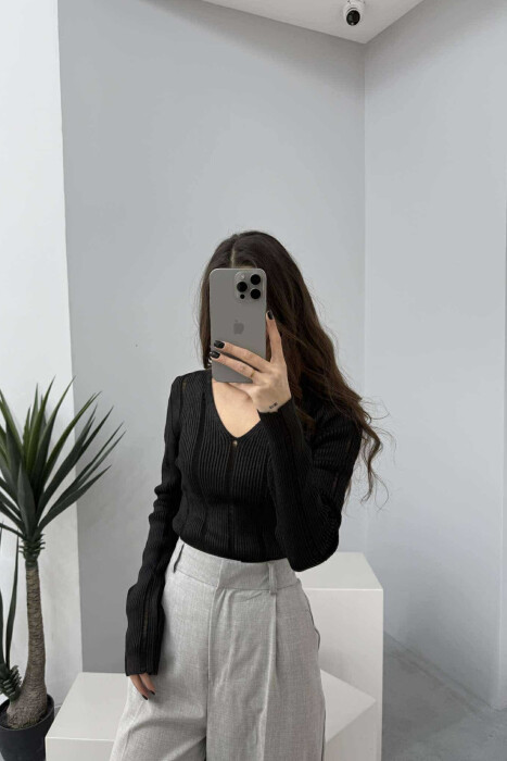 V NECK SIMPLE SHINY WOMEN SWEATER BLACK/ E ZEZE - 3