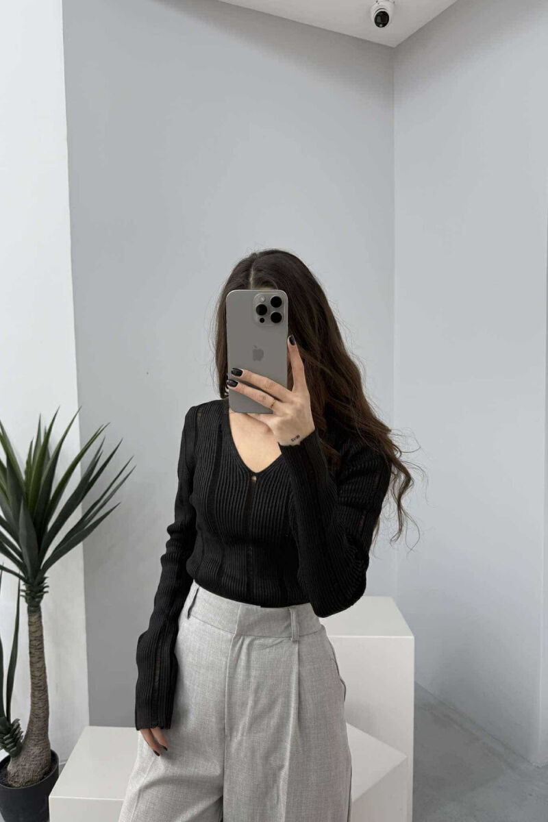 V NECK SIMPLE SHINY WOMEN SWEATER BLACK/ E ZEZE - 3