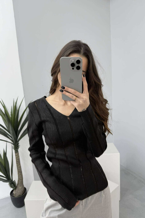 V NECK SIMPLE SHINY WOMEN SWEATER BLACK/ E ZEZE 