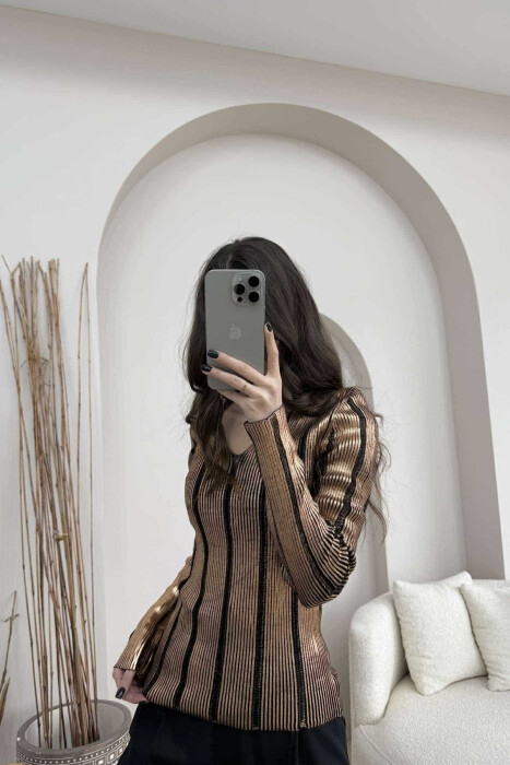 V NECK SIMPLE SHINY WOMEN SWEATER BRONX/BRONX - 2