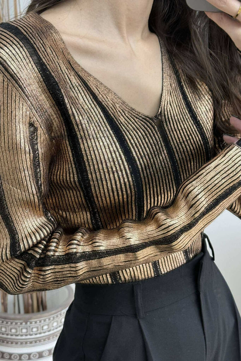 V NECK SIMPLE SHINY WOMEN SWEATER BRONX/BRONX - 3