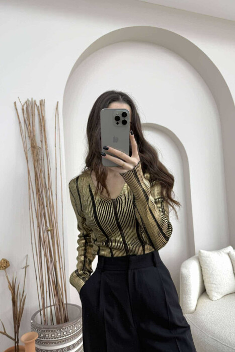 V NECK SIMPLE SHINY WOMEN SWEATER GOLDEN ROD/GOLD - 1