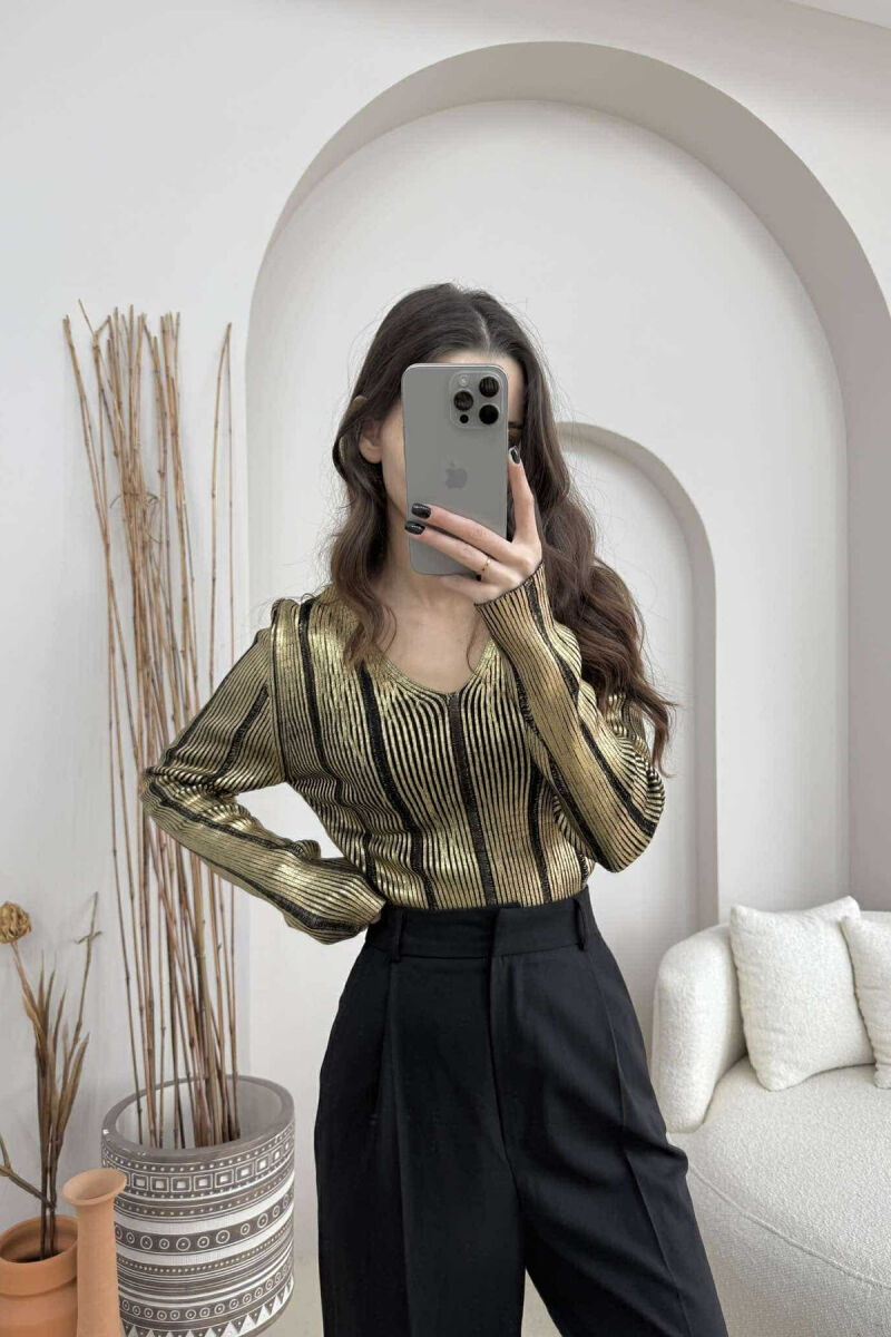 V NECK SIMPLE SHINY WOMEN SWEATER GOLDEN ROD/GOLD - 2