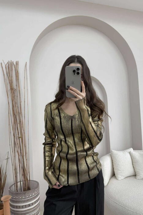 V NECK SIMPLE SHINY WOMEN SWEATER GOLDEN ROD/GOLD - 3