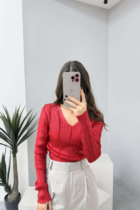 V NECK SIMPLE SHINY WOMEN SWEATER RED/E KUQE 