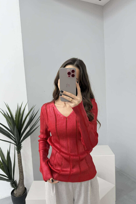 V NECK SIMPLE SHINY WOMEN SWEATER RED/E KUQE - 2