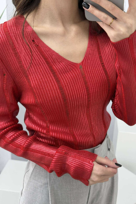 V NECK SIMPLE SHINY WOMEN SWEATER RED/E KUQE - 3
