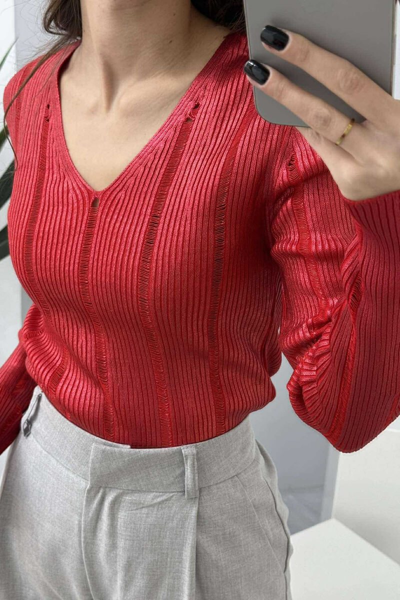 V NECK SIMPLE SHINY WOMEN SWEATER RED/E KUQE - 4