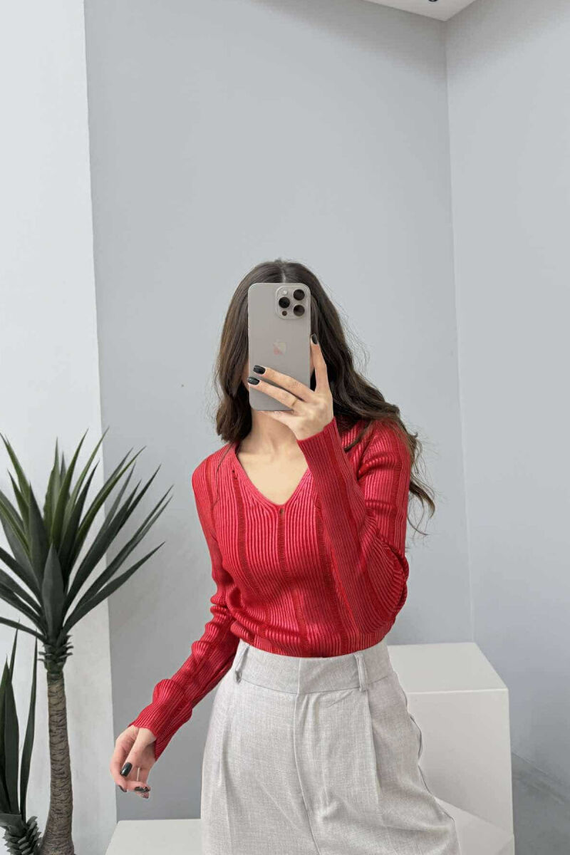 V NECK SIMPLE SHINY WOMEN SWEATER RED/E KUQE - 5