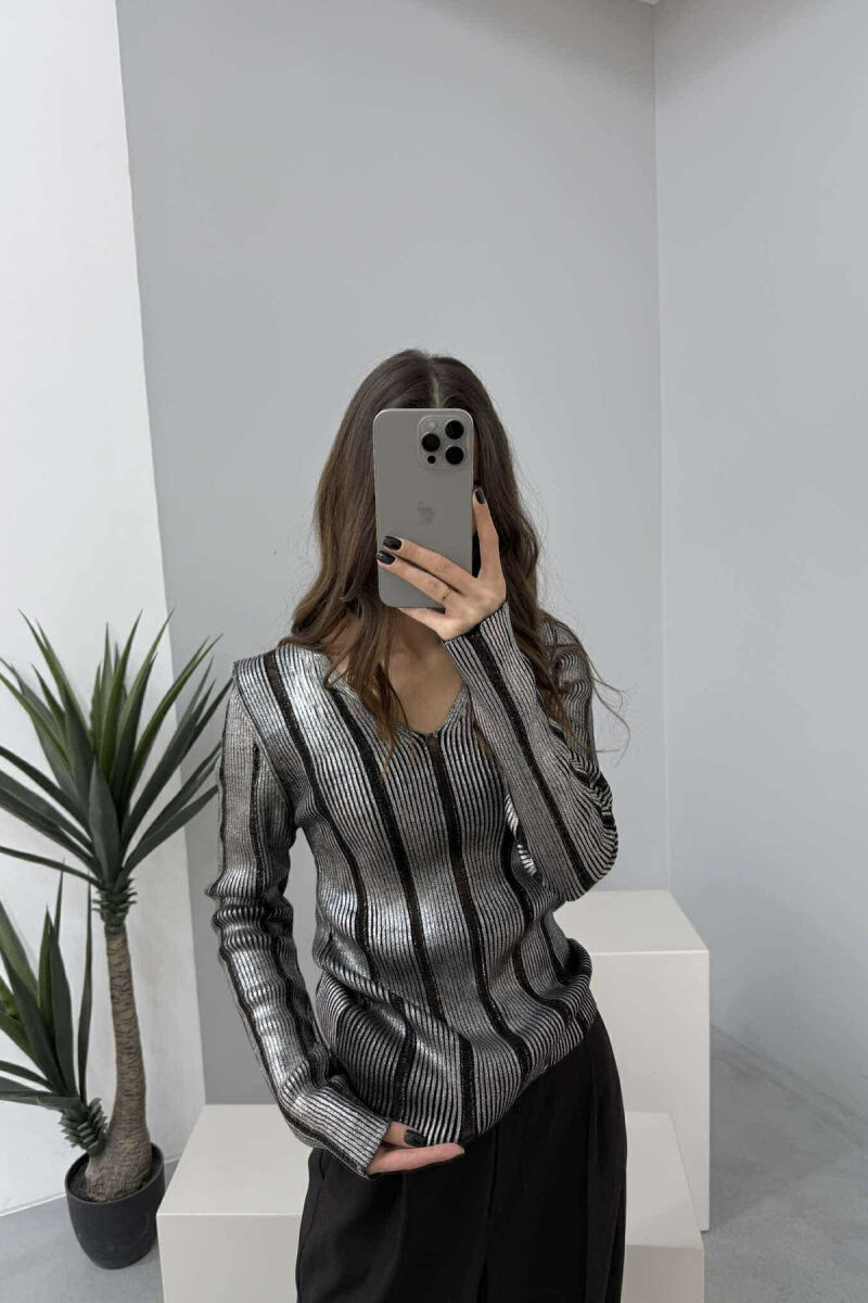 V NECK SIMPLE SHINY WOMEN SWEATER SILVER/ARGJEND - 2