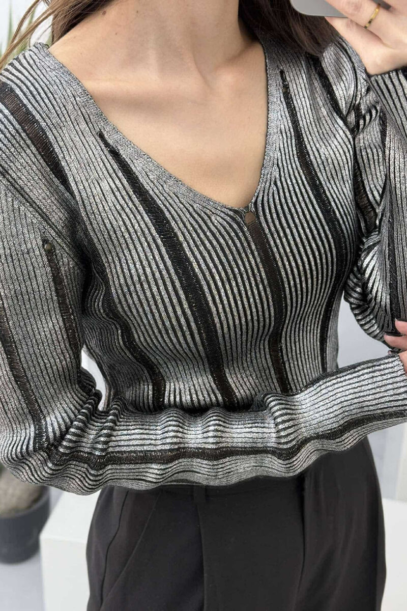 V NECK SIMPLE SHINY WOMEN SWEATER SILVER/ARGJEND - 3
