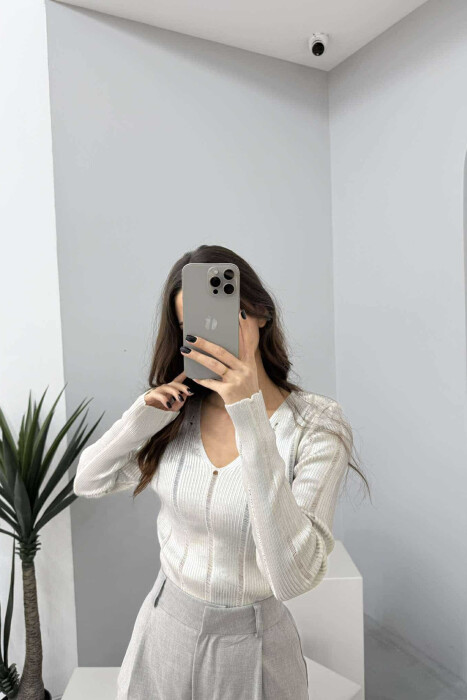 V NECK SIMPLE SHINY WOMEN SWEATER WHITE-E BARDHE - 4