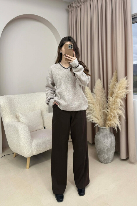 V NECK SIMPLE WOMEN SWEATER BEIGE/BEZHE 