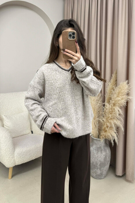 V NECK SIMPLE WOMEN SWEATER BEIGE/BEZHE - 2