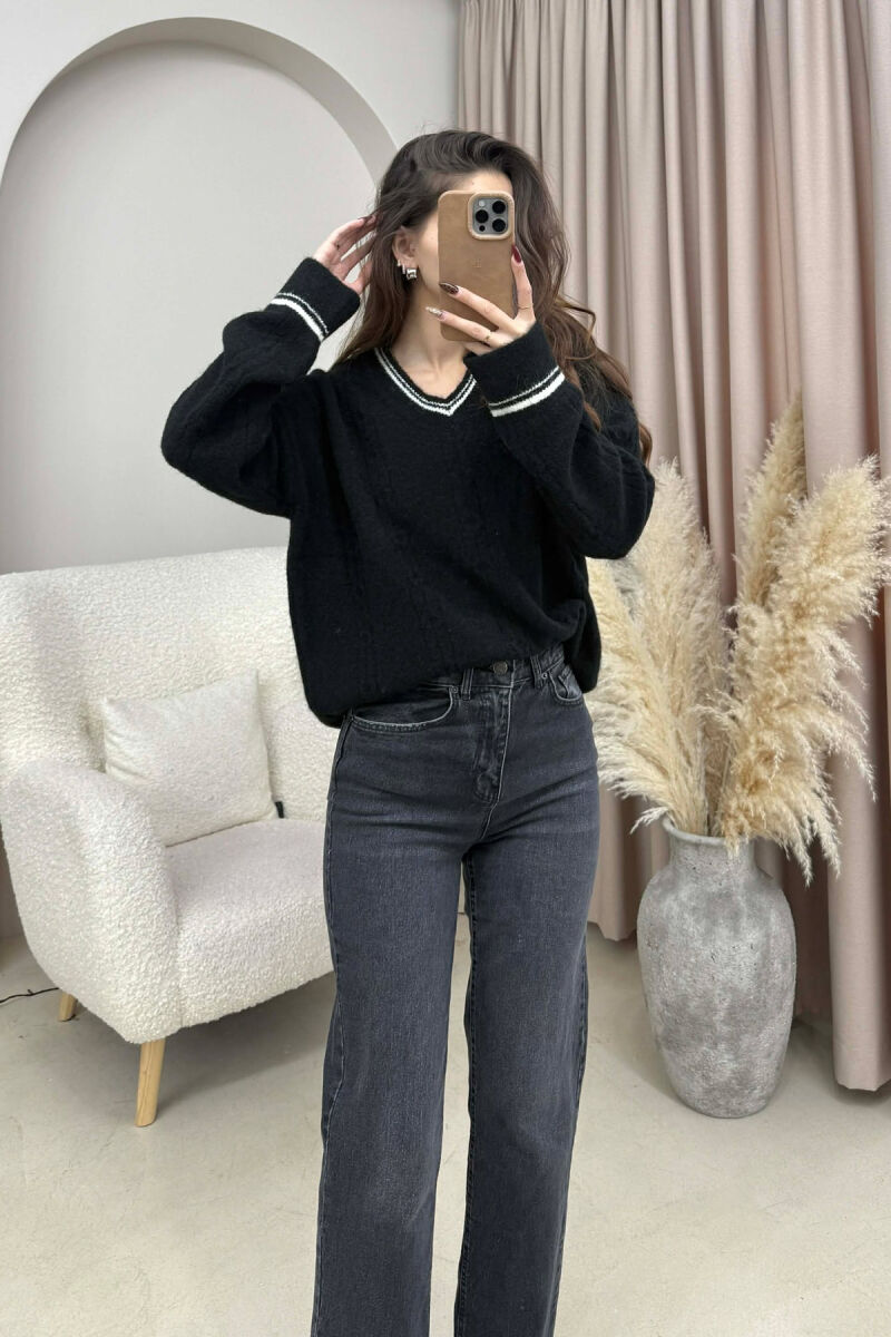 V NECK SIMPLE WOMEN SWEATER BLACK/ E ZEZE - 2