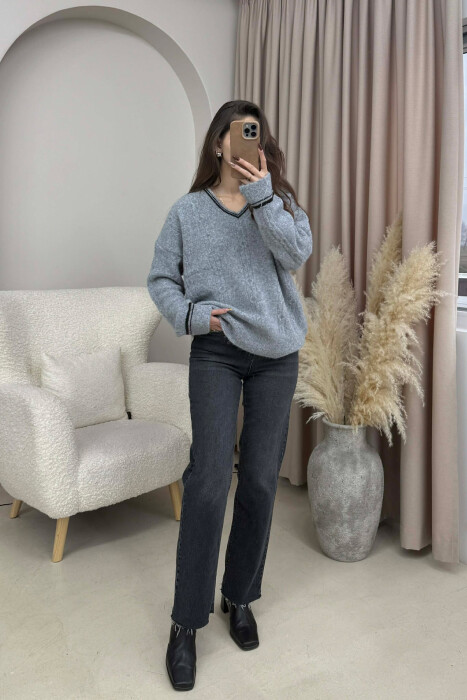 V NECK SIMPLE WOMEN SWEATER GREY/GRI 