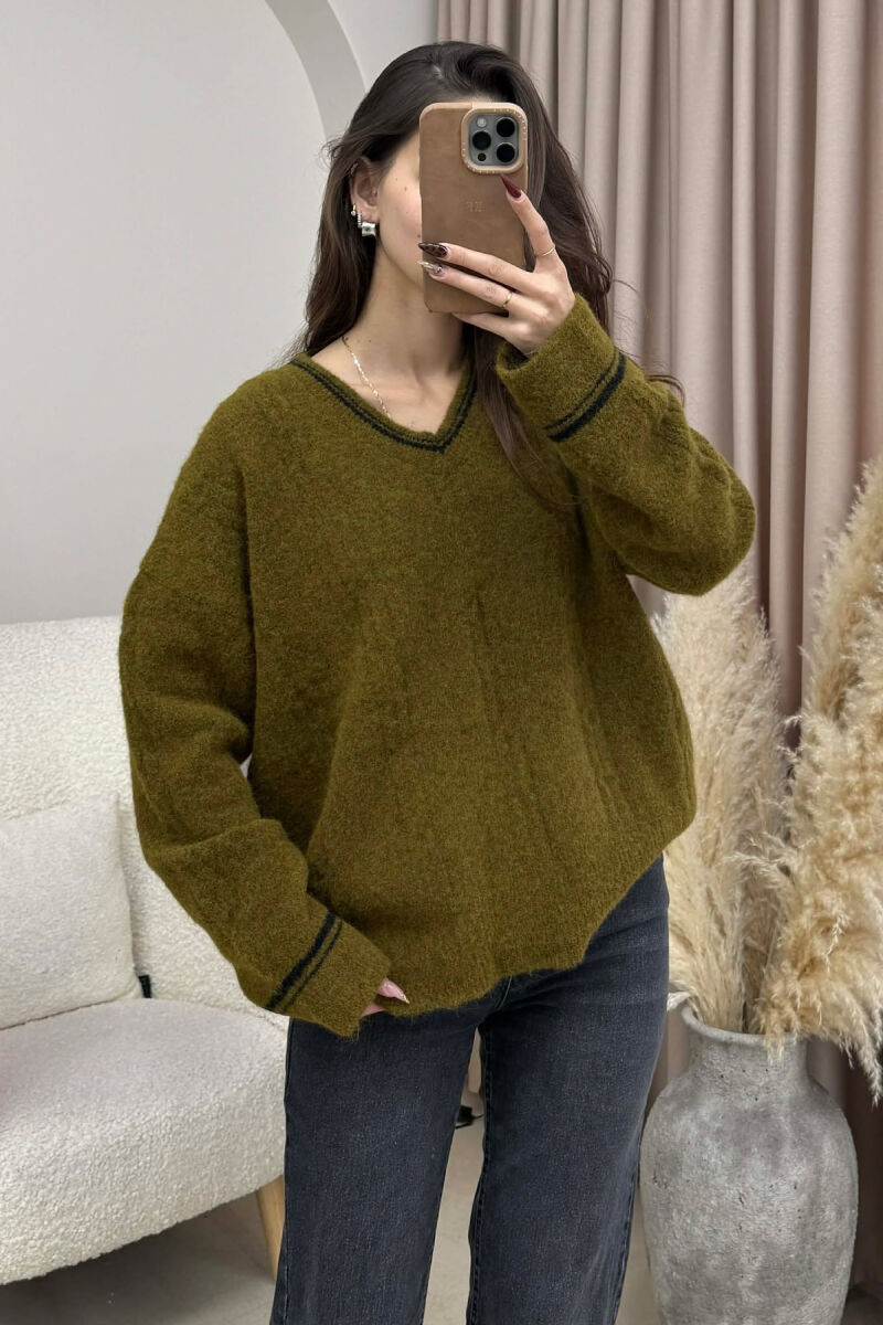 V NECK SIMPLE WOMEN SWEATER OLIVE/ULLI - 4